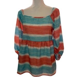 Bibi Stripe Printed Bubble Woven Balloon Sleeve Top in Coral and Jade SZ MD